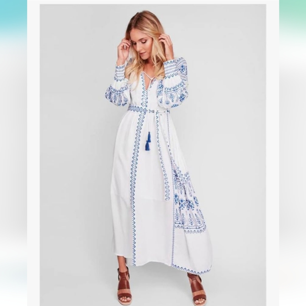 Embroidered Long Dress Bohemian Beach Island Dress V Neck